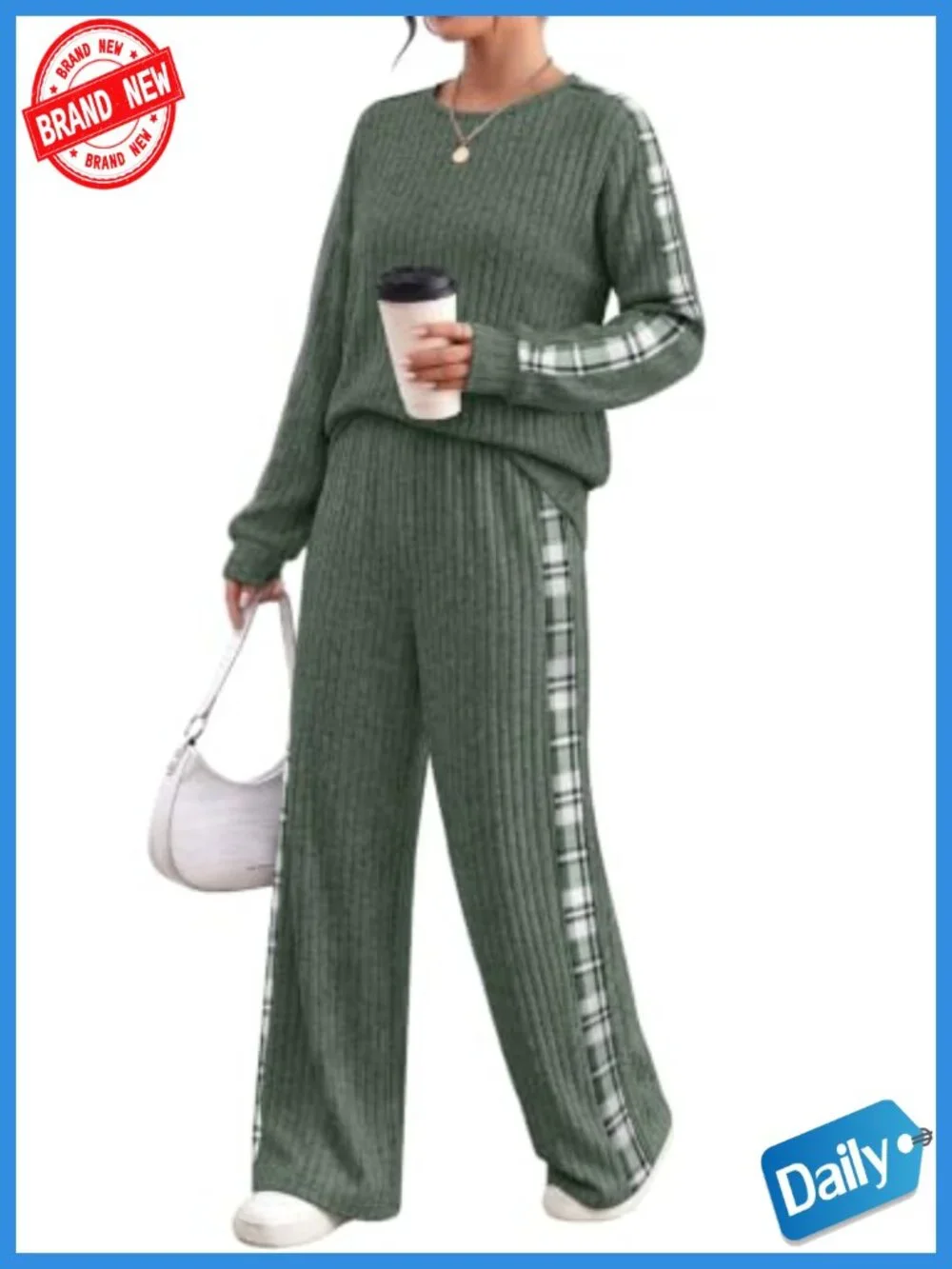 Women's Lounge Two Piece Set Long Sleeve Wide Leg Pants High Stretch Ribbed Knit